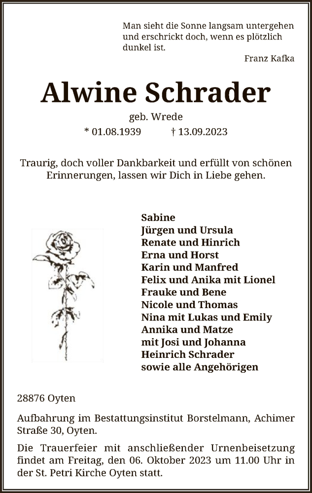  Traueranzeige für Alwine Schrader vom 16.09.2023 aus SYK