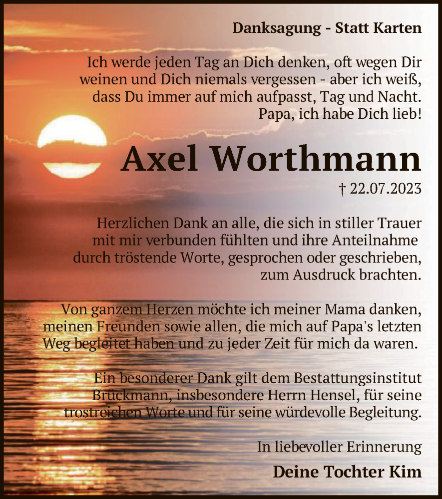  Traueranzeige für Axel Worthmann vom 16.09.2023 aus SYK