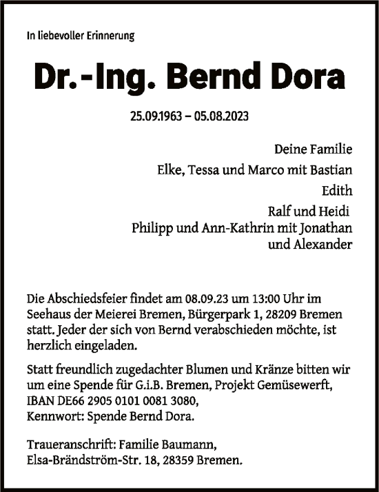 Traueranzeige von Bernd Dora von SYK