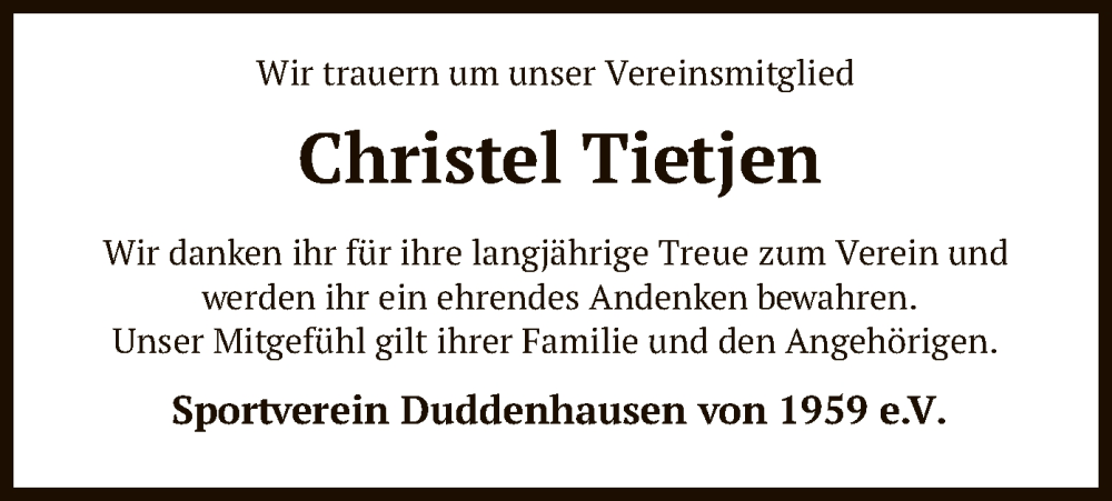  Traueranzeige für Christel Tietjen vom 20.09.2023 aus SYK
