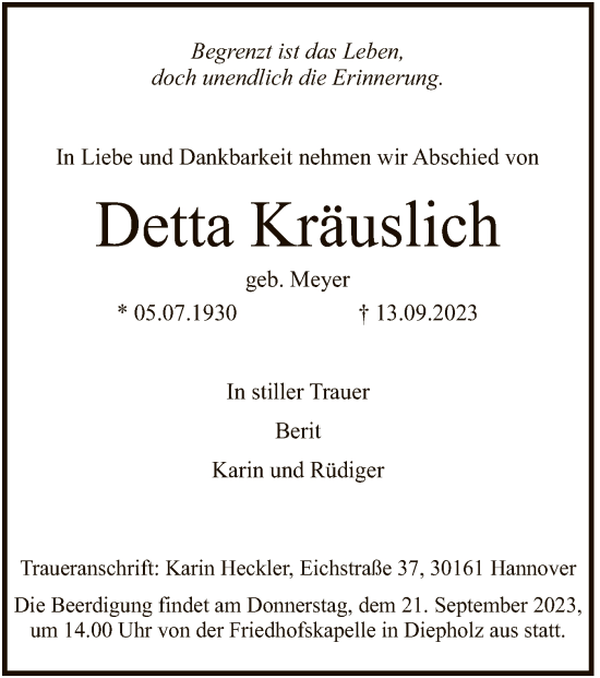 Traueranzeige von Detta Kräuslich von SYK