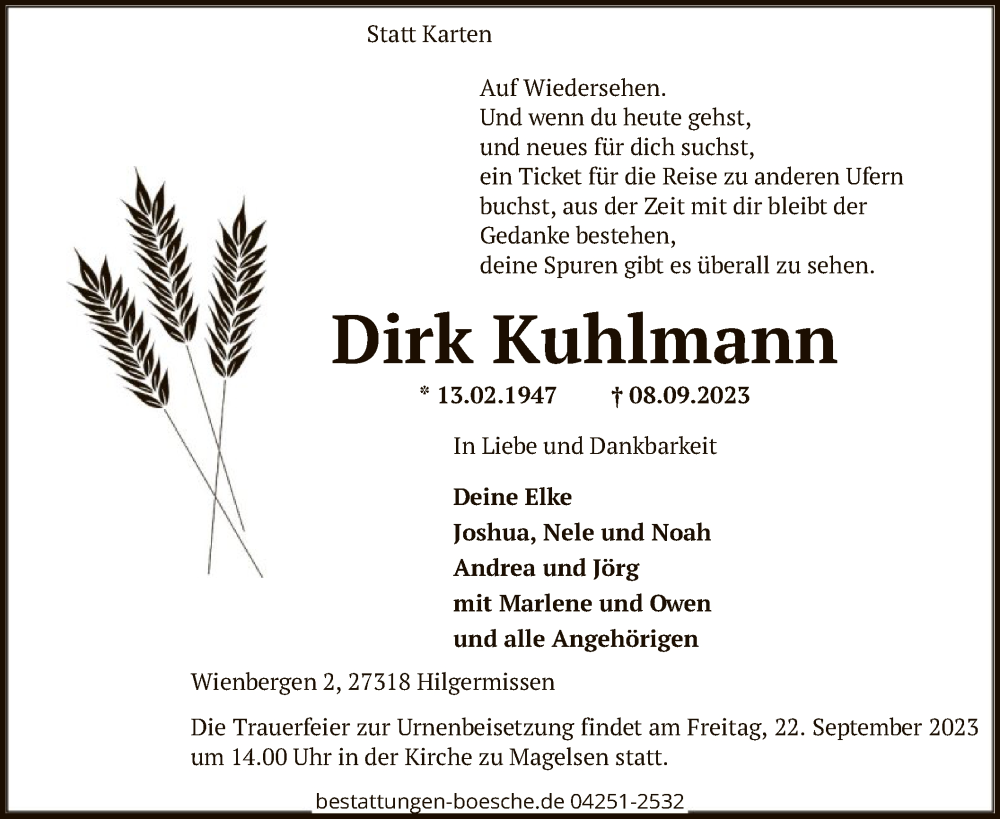  Traueranzeige für Dirk Kuhlmann vom 16.09.2023 aus SYK