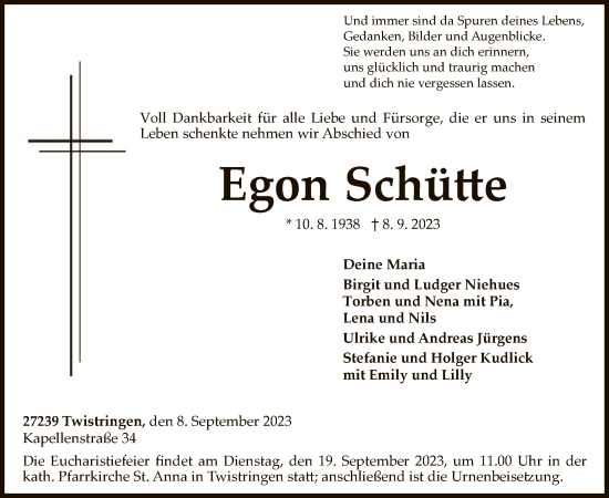 Traueranzeige von Egon Schütte von SYK