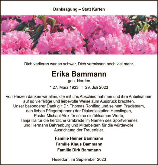 Traueranzeige von Erika Bammann von SYKSYK