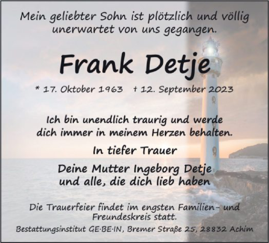 Traueranzeige von Frank Detje von SYK