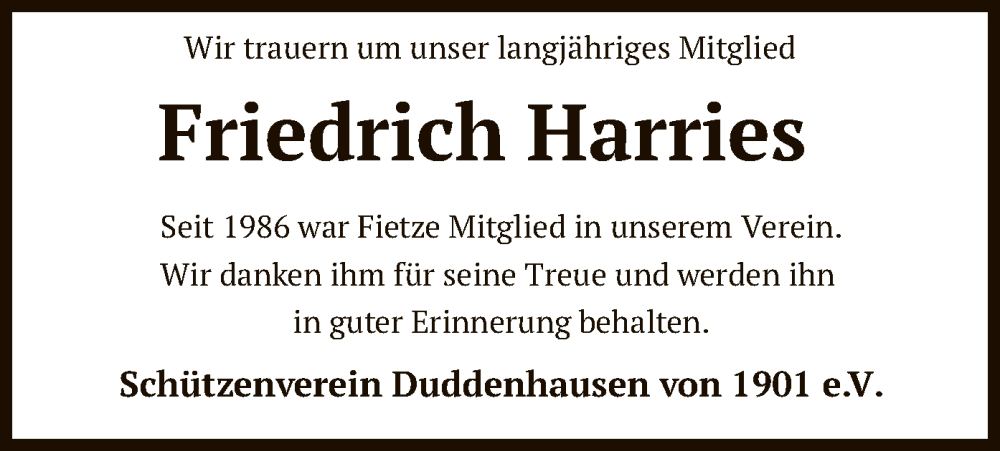  Traueranzeige für Friedrich Harries vom 09.09.2023 aus SYK