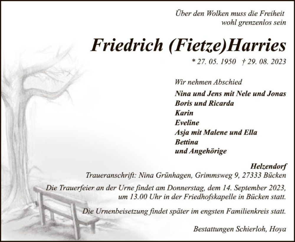  Traueranzeige für Friedrich Harries vom 09.09.2023 aus SYK