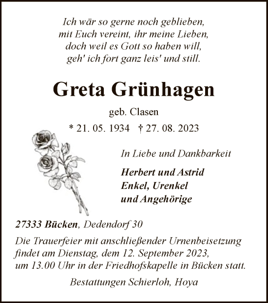 Traueranzeige von Greta Grünhagen von SYK