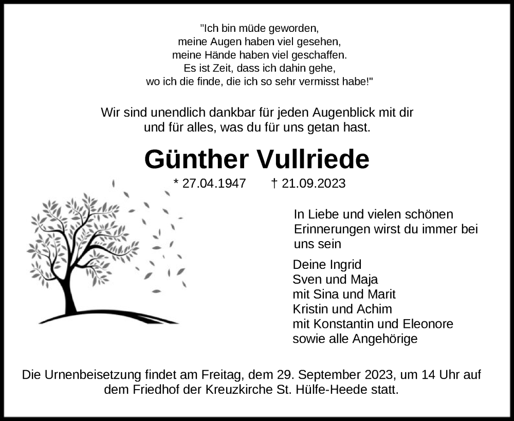  Traueranzeige für Günther Vullriede vom 26.09.2023 aus SYK