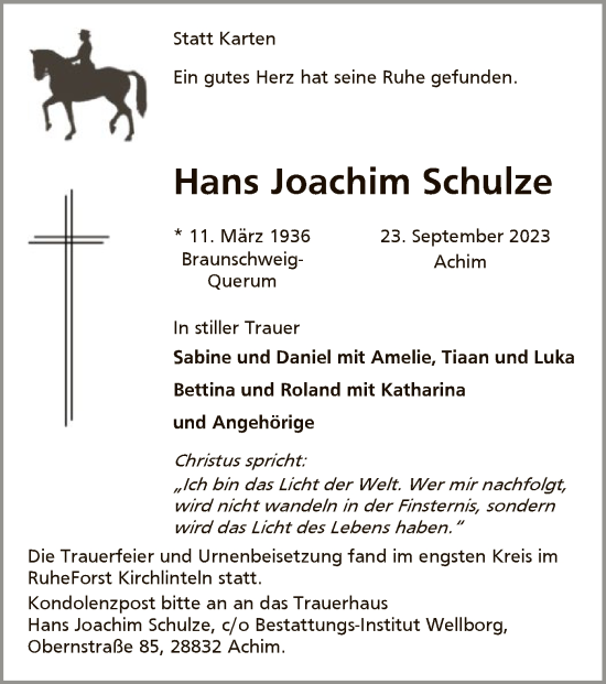 Traueranzeige von Hans Joachim Schulze von SYK