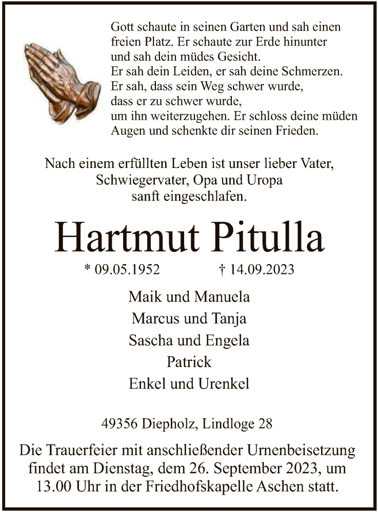 Traueranzeige für Hartmut Pitulla vom 16.09.2023 aus SYK
