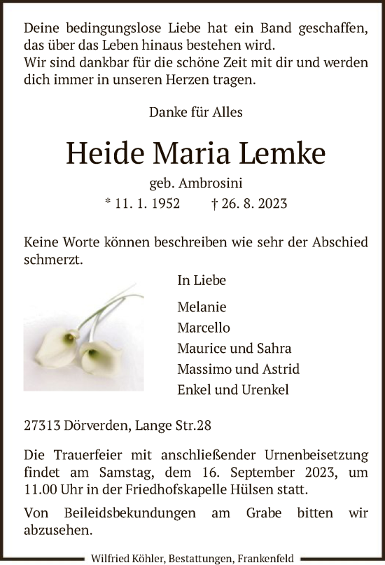 Traueranzeige von Heide Lemke von SYK