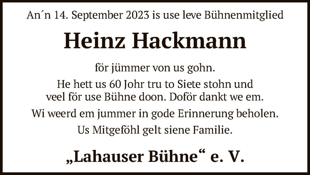  Traueranzeige für Heinz Hackmann vom 20.09.2023 aus SYK