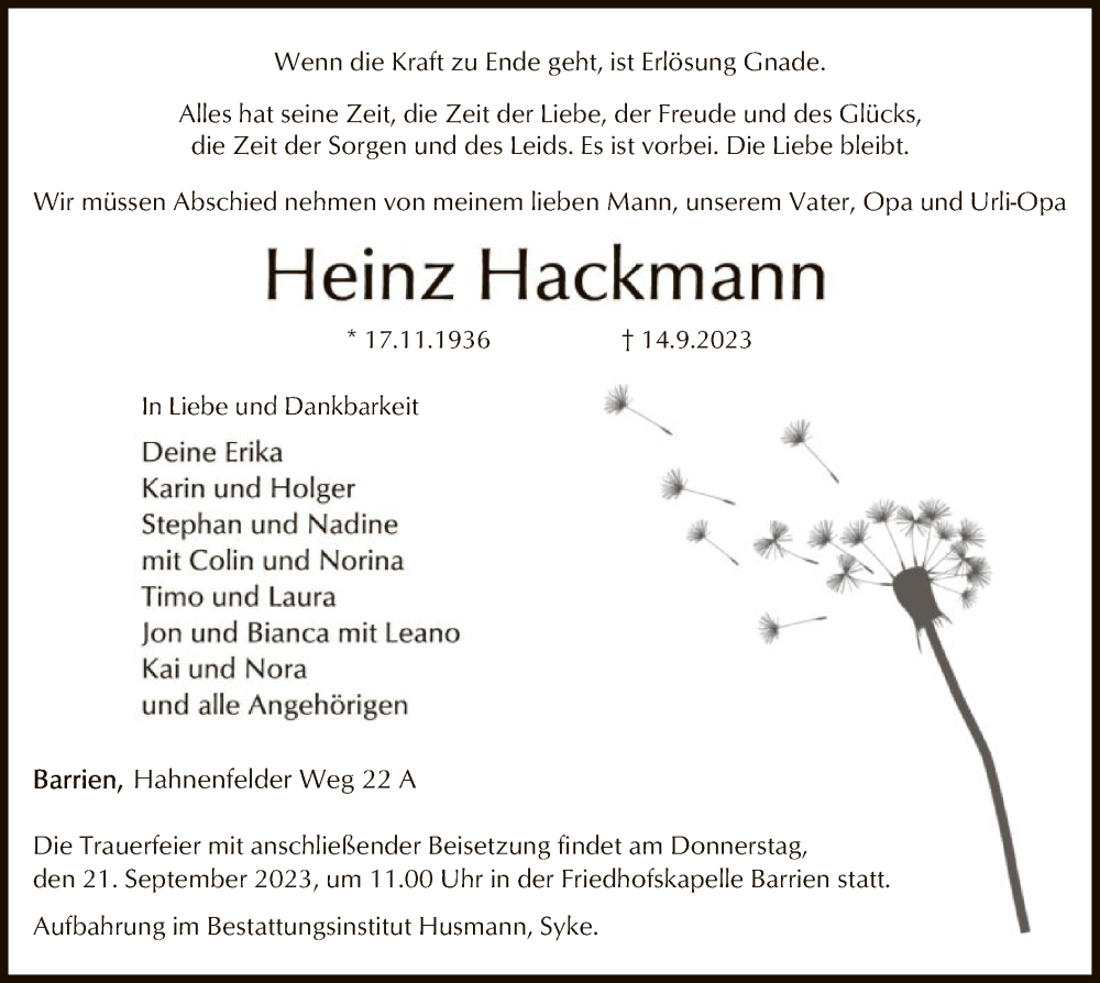  Traueranzeige für Heinz Hackmann vom 19.09.2023 aus SYK