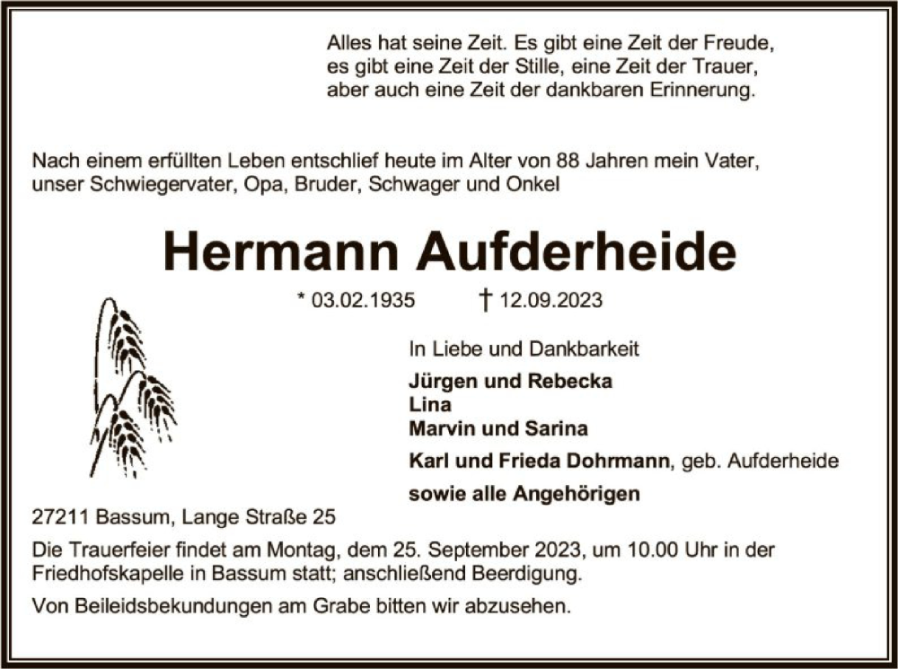  Traueranzeige für Hermann Aufderheide vom 16.09.2023 aus SYK