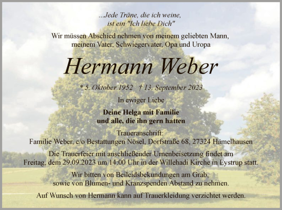 Traueranzeige von Hermann Weber von SYK