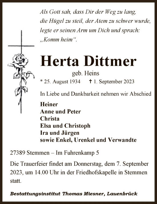 Traueranzeige von Herta Dittmer von SYK