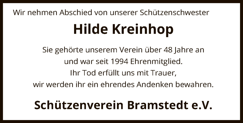  Traueranzeige für Hilde Kreinhop vom 20.09.2023 aus SYK