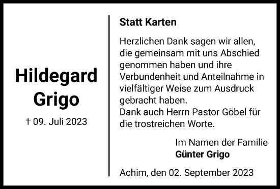 Traueranzeige von Hildegard Grigo von SYK