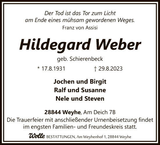 Traueranzeige von Hildegard Weber von SYK