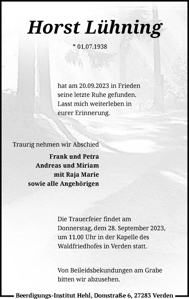  Traueranzeige für Horst Lühning vom 23.09.2023 aus SYK