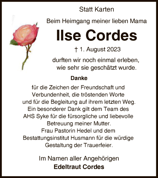 Traueranzeige von Ilse Cordes von SYK