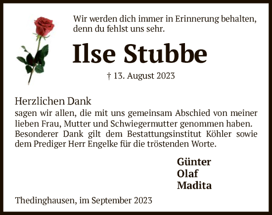 Traueranzeige von Ilse Stubbe von SYK