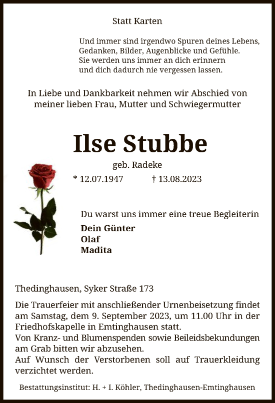 Traueranzeige von Ilse Stubbe von SYK