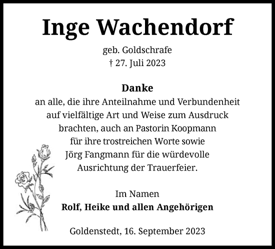 Traueranzeige von Inge Wachendorf von SYK