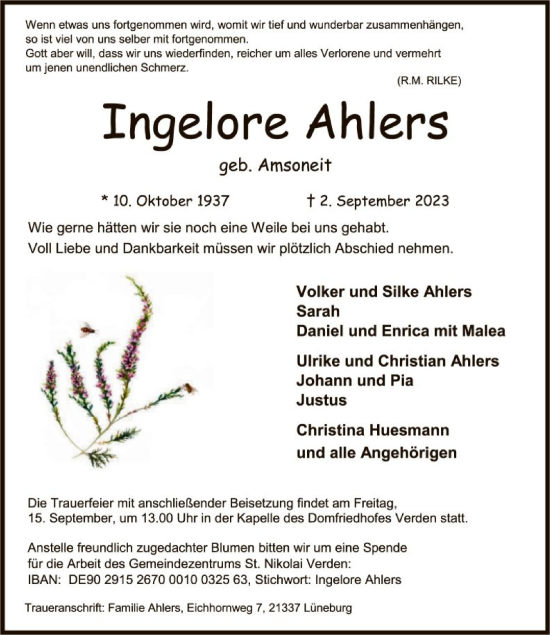 Traueranzeige von Ingelore Ahlers von SYK