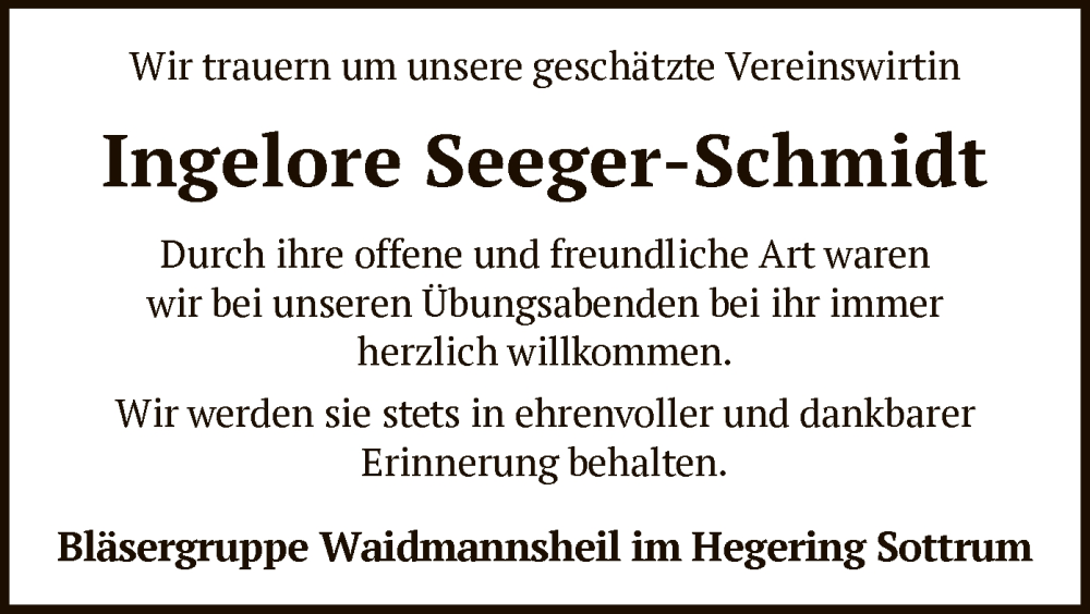  Traueranzeige für Ingelore Seeger-Schmidt vom 12.09.2023 aus SYK