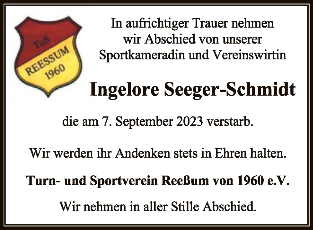  Traueranzeige für Ingelore Seeger-Schmidt vom 12.09.2023 aus SYK