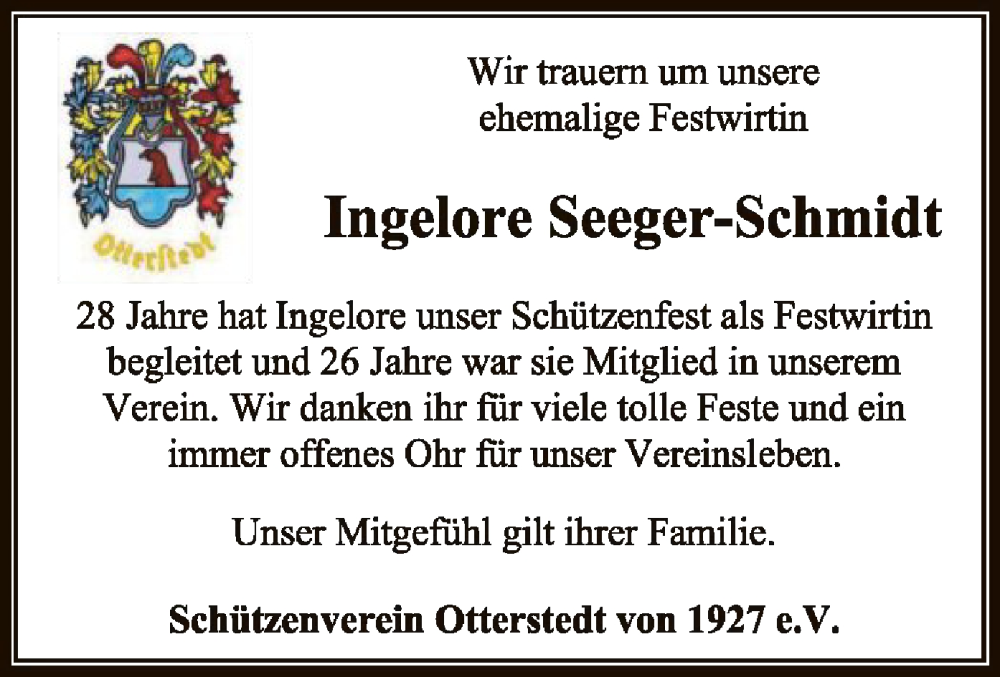  Traueranzeige für Ingelore Seeger-Schmidt vom 12.09.2023 aus SYK