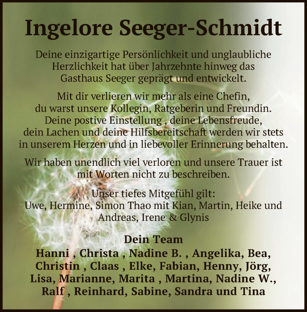  Traueranzeige für Ingelore Seeger-Schmidt vom 12.09.2023 aus SYK