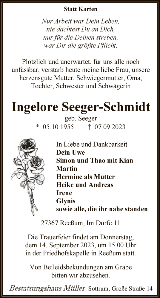  Traueranzeige für Ingelore Seeger-Schmidt vom 12.09.2023 aus SYK