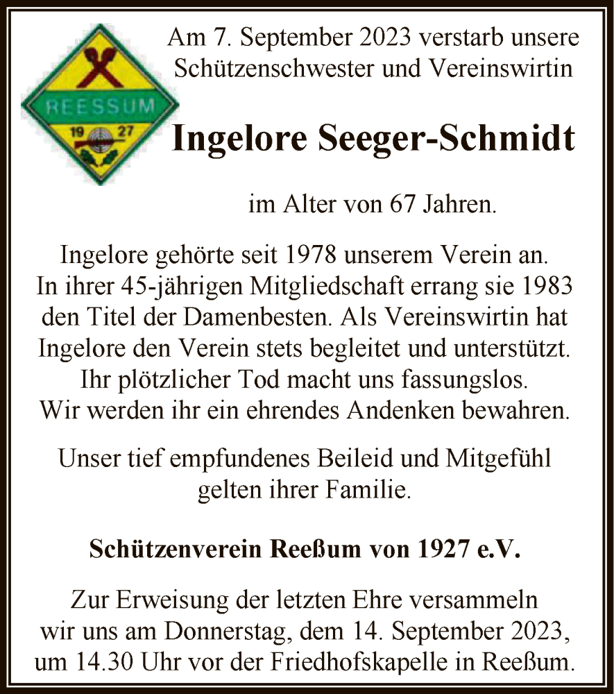  Traueranzeige für Ingelore Seeger-Schmidt vom 12.09.2023 aus SYK