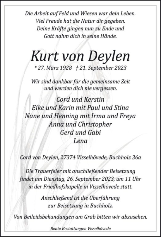 Traueranzeige von Kurt von Deylen von SYK