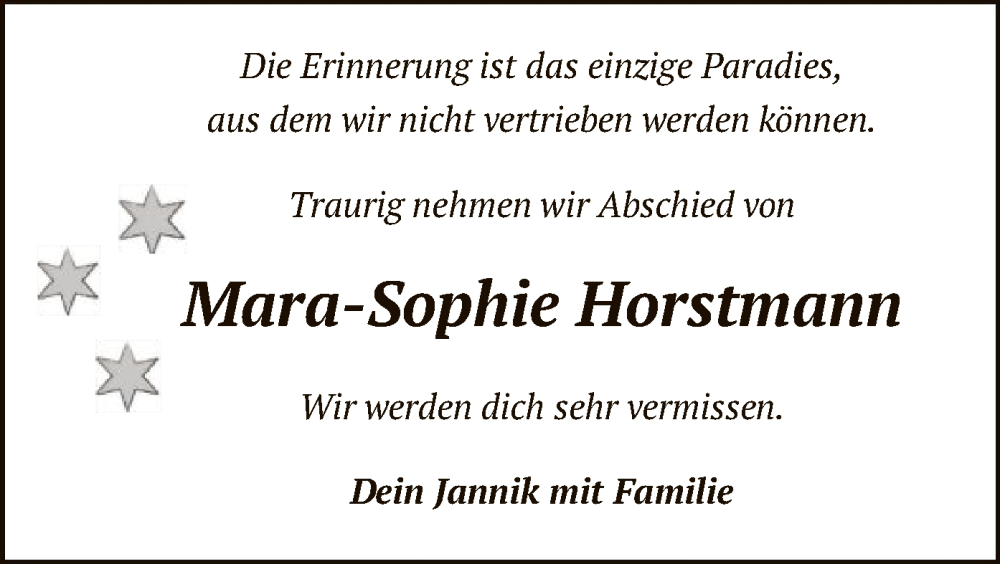  Traueranzeige für Mara-Sophie Horstmann vom 20.09.2023 aus SYK