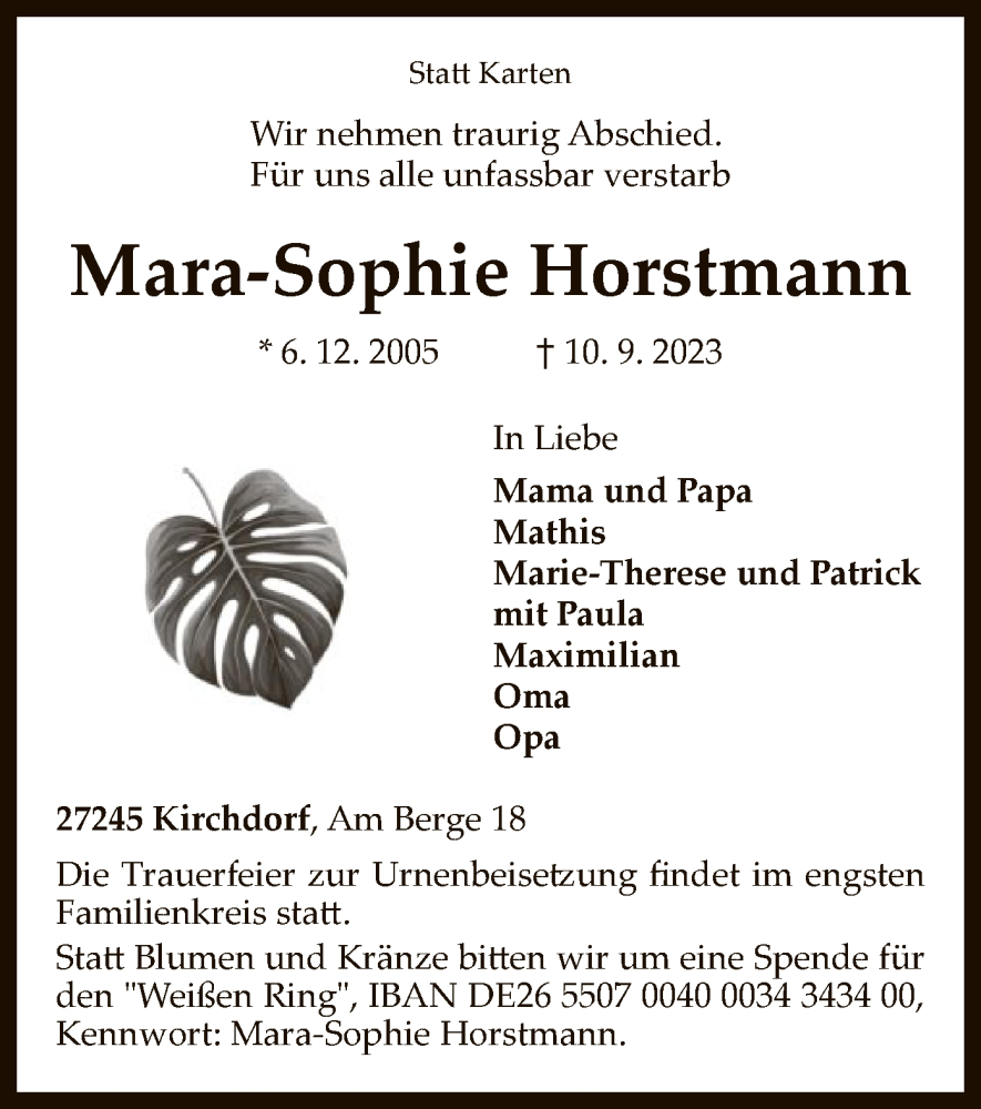  Traueranzeige für Mara-Sophie Horstmann vom 16.09.2023 aus SYK