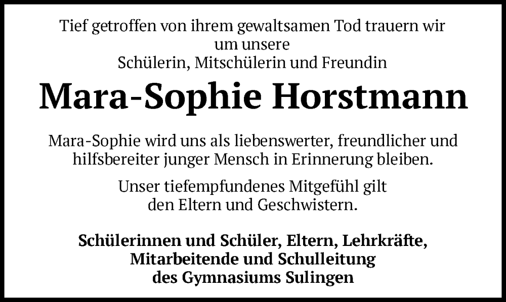  Traueranzeige für Mara-Sophie Horstmann vom 16.09.2023 aus SYK