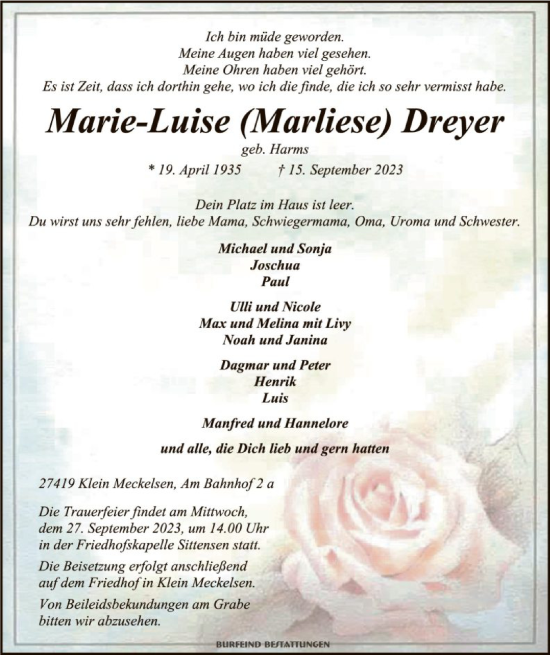 Traueranzeige von Marie-Luise Dreyer von SYK