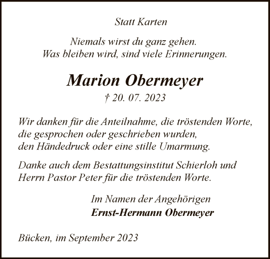 Traueranzeige von Marion Obermeyer von SYK