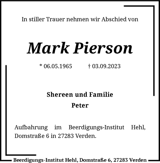 Traueranzeige von Mark Pierson von SYK