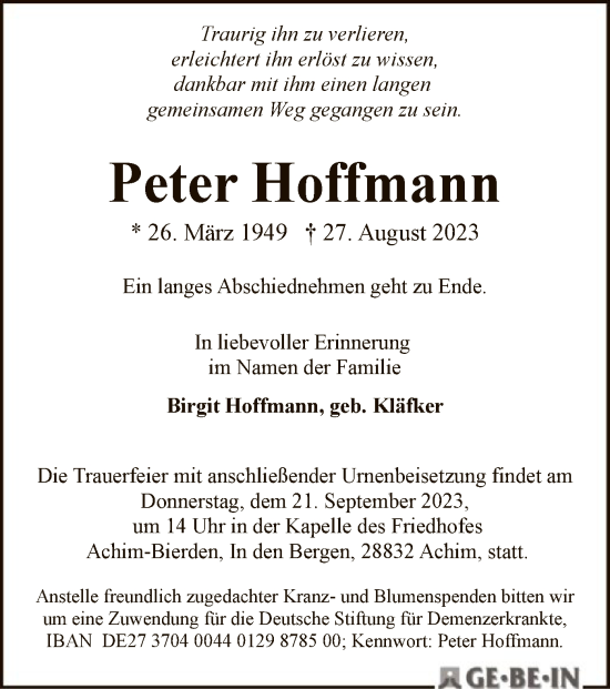 Traueranzeige von Peter Hoffmann von SYK