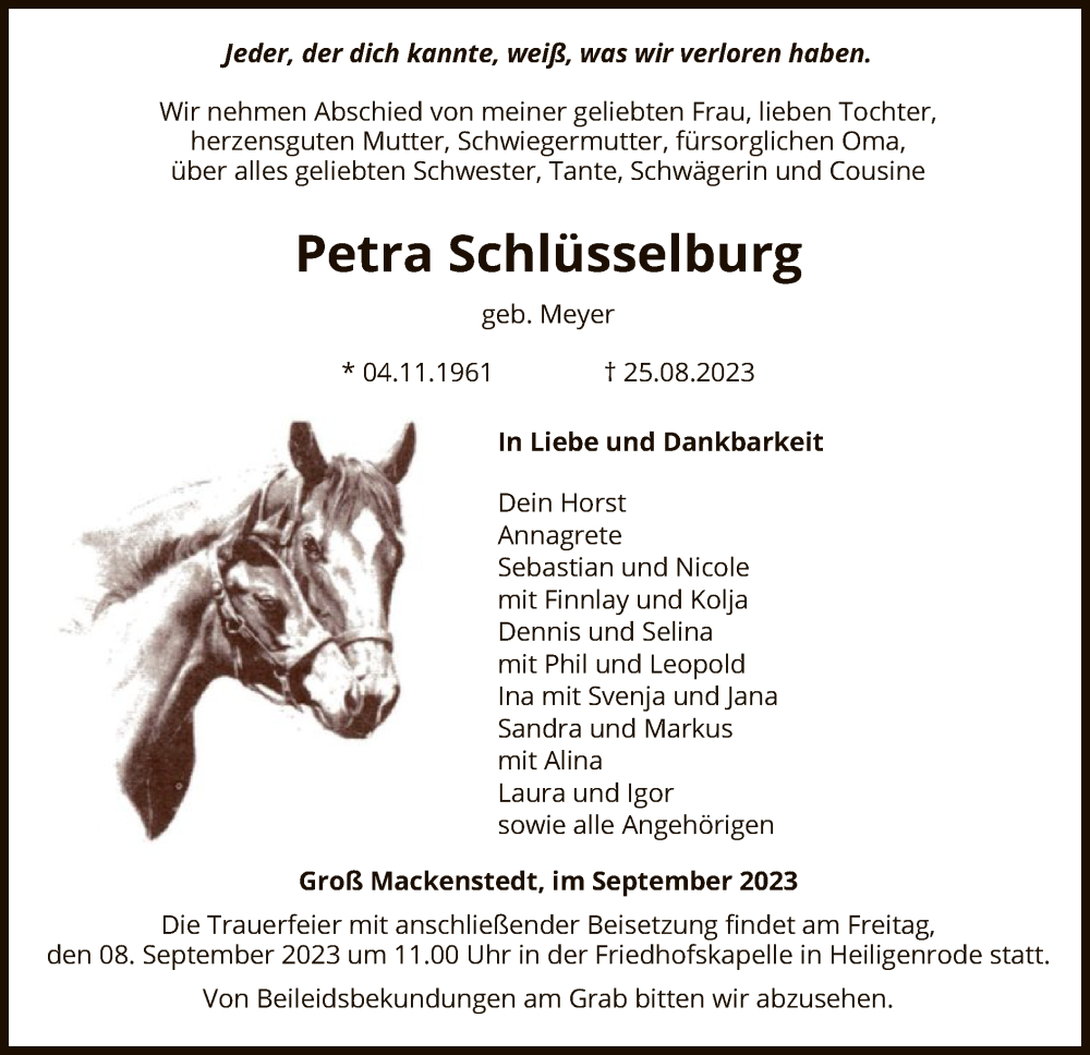  Traueranzeige für Petra Schlüsselburg vom 02.09.2023 aus SYK