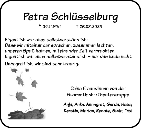 Traueranzeige von Petra Schlüsselburg von SYK