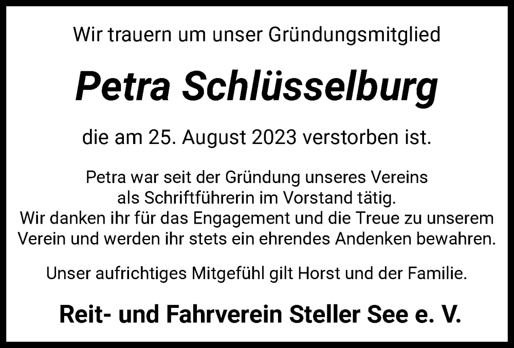  Traueranzeige für Petra Schlüsselburg vom 05.09.2023 aus SYK