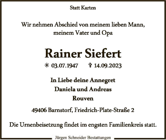 Traueranzeige von Rainer Siefert von SYK