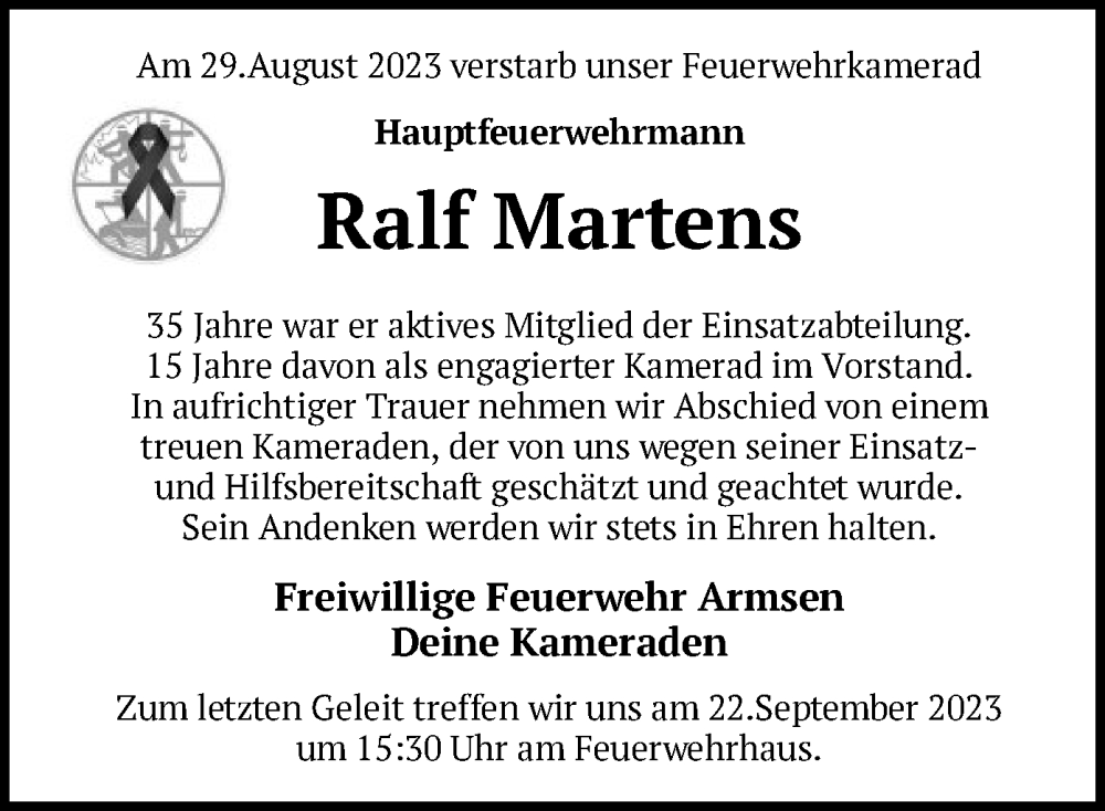  Traueranzeige für Ralf Martens vom 16.09.2023 aus SYK