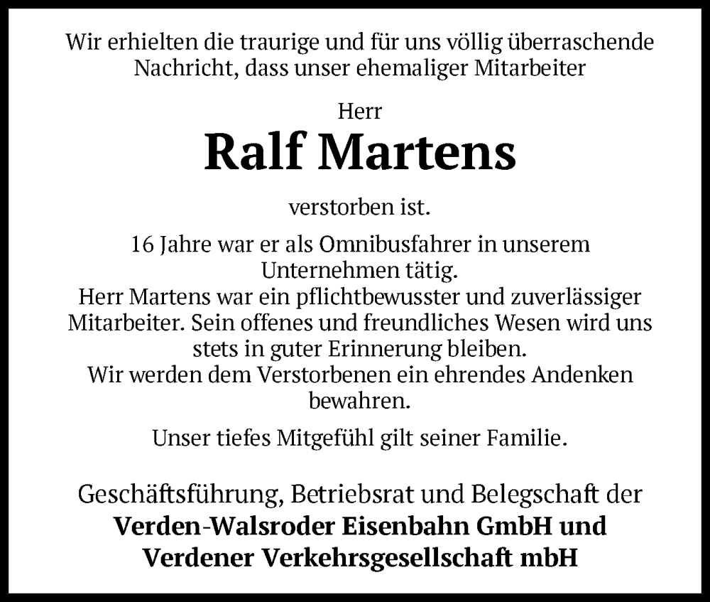  Traueranzeige für Ralf Martens vom 20.09.2023 aus SYK